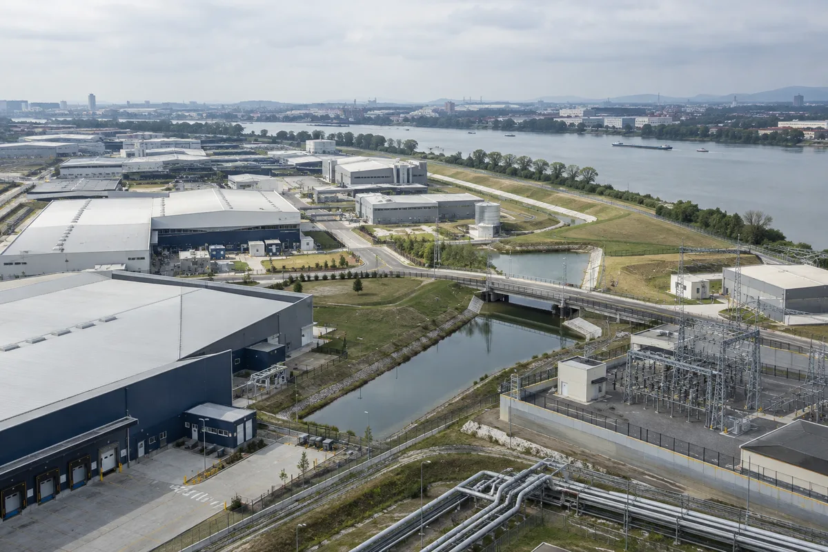 Industrial buildings, access roads and shared utilities beside a river